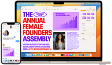Una persona recibe una imagen en Mensajes en el iPhone y la importa a un documento de Pages en un MacBook Air.